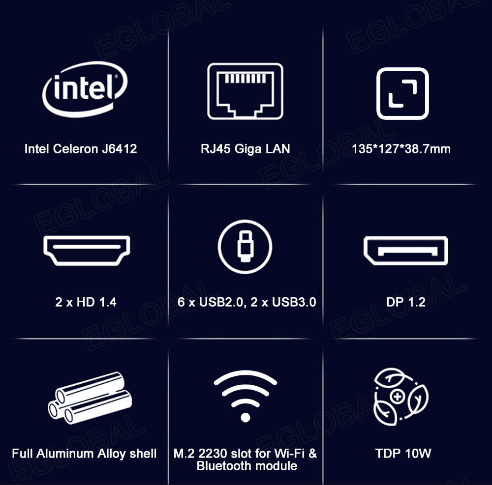 Intel Celeron J6412 N100 RJ45 Giga LAN 135*127*38.7mm 2xHD 1.4 6 x USB2.0, 2 x USB3.0 DP 1.2 TDP 10W Full Aluminum Alloy shell M.2 2230 slot for Wi-Fi & Bluetooth module