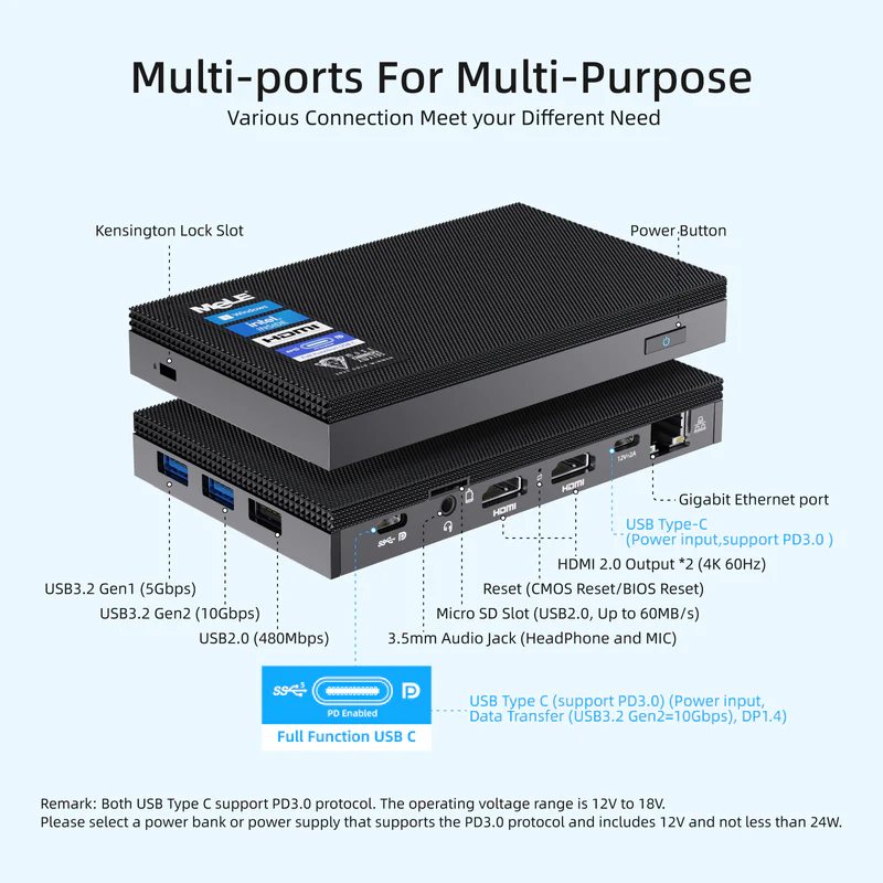 Multi-ports For Multi-Purpose Various Connection Meet your Different Need Kensington Lock Slot PowerButton • HDMI 2.0 Output *2 (4K60HZ) • Reset (CMOS Reset/BIOS Reset) Micro SD Slot (USB2.0, Up to 60MB/S) 3.5mm Audio Jack (Headphone and MIC) ' - - • Gigabit Ethernet port USB Type-C "(Power inputsupport PD3.0) USB3.2 Genl (5Gbps) :	: USB3.2Gen2(10Gbps) ; USB2.0 (480Mbps) Full Function USB C USB Type C (support PD3.0) (Power input, Data Transfer (USB3.2 Gen2=10Gbps), DP1.4) Remark: Both USB Type C support PD3.0 protocol. The operating voltage range is 12V to 18V. Please select a power bank or power supply that supports the PD3.0 protocol and includes 12V and not less than 24W.