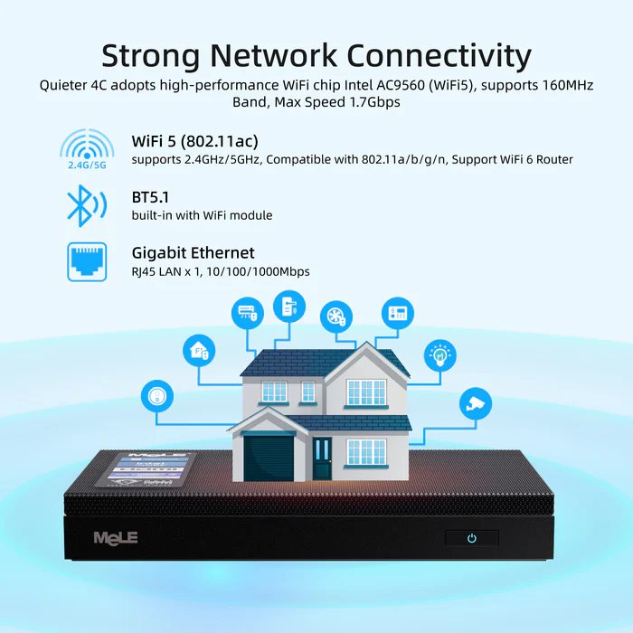 Strong Network Connectivity Quieter 4C adopts high-performance WiFi chip Intel AC9560 (WiFi5)z supports 160MHz Band, Max Speed 1.7Gbps o 2.4G/5G # WiFi 5 (802.11ac) supports 2.4GHz/5GHz, Compatible with 802.11 a/b/g/n, Support WiFi 6 Router BT5.1 built-in with WiFi module Gigabit Ethernet RJ45 LAN X 1, 10/100/1000MbpS