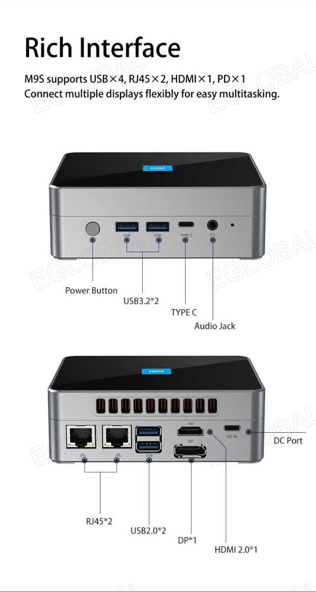 Bogaty interfejs M9S obsługuje USB X4, RJ45 X2, HDMI X1, PD X1 Elastycznie podłączaj wiele wyświetlaczy, aby ułatwić wielozadaniowość Przycisk zasilania USB3.2*2 TYPEC Gniazdo audio HDMI 2.0*1